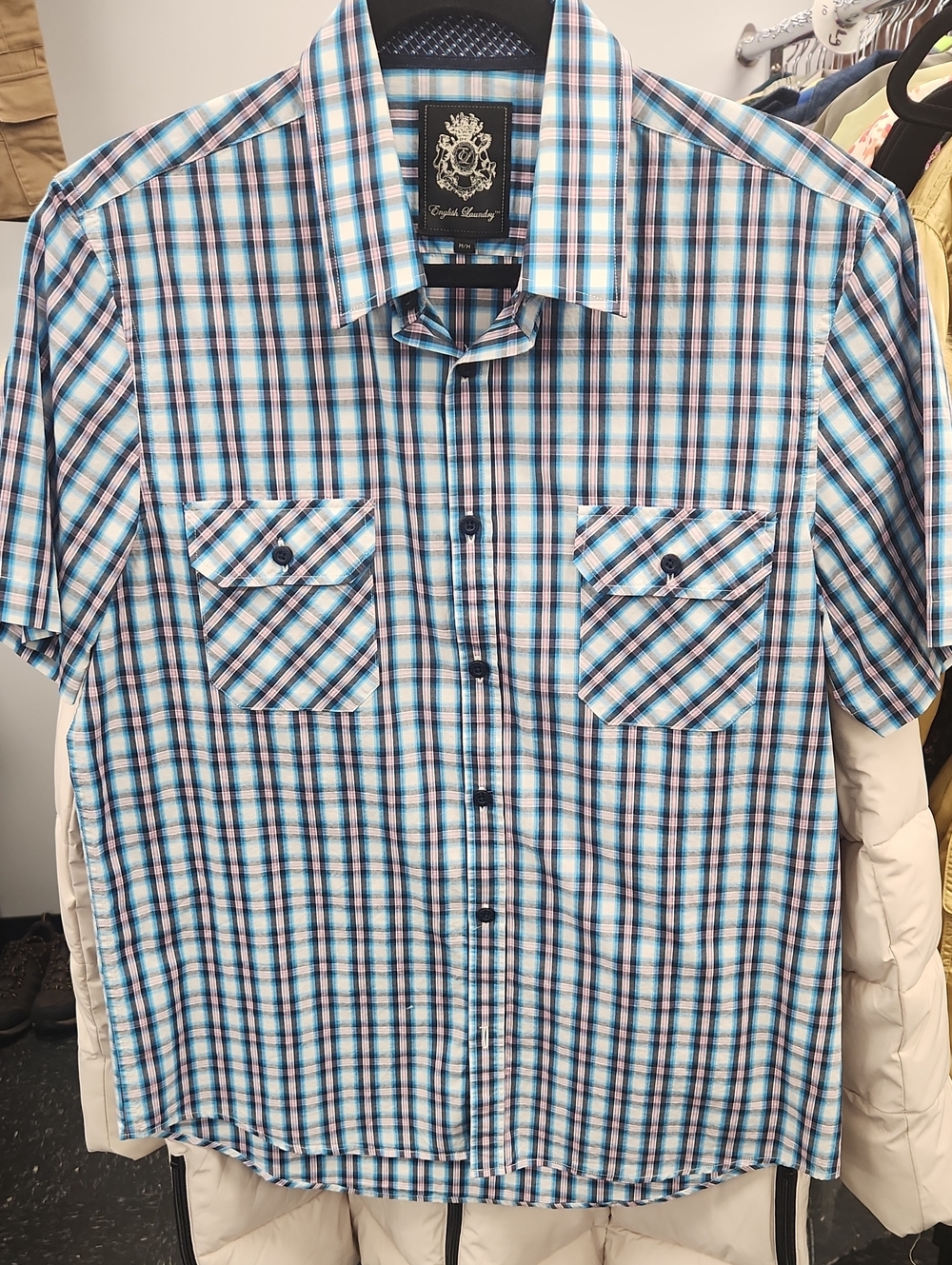 English Laundry Men’s Medium Blue Plaid Short-Sleeve Button-Up Shirt Size M (D1)